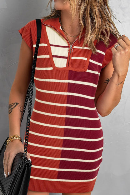 Lilia® | Striped quarter zip sweater dress with cap sleeves