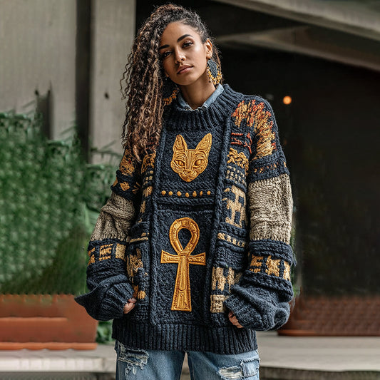 Women's Ancient Egyptian Ankh Cat Pattern Knit Pullover Sweater elevenforest
