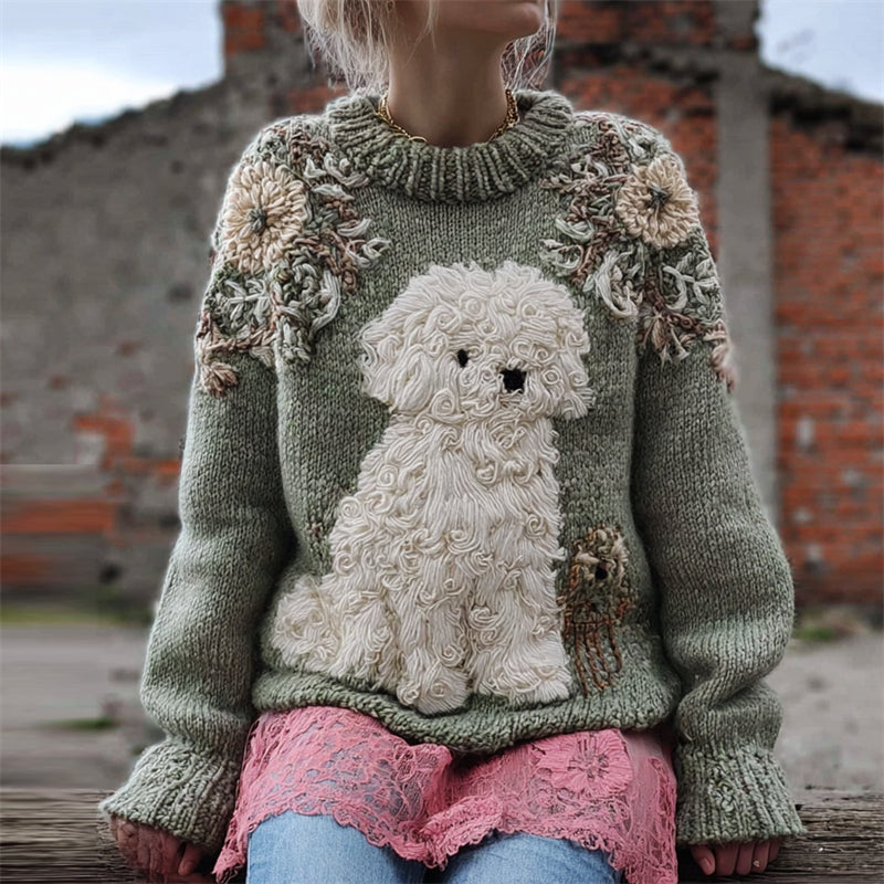 Vintage Lovely Fuzzy Dog Floral Beaded Cozy Knit Sweater artswardrobe