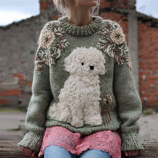 Vintage Lovely Fuzzy Dog Floral Beaded Cozy Knit Sweater elevenforest