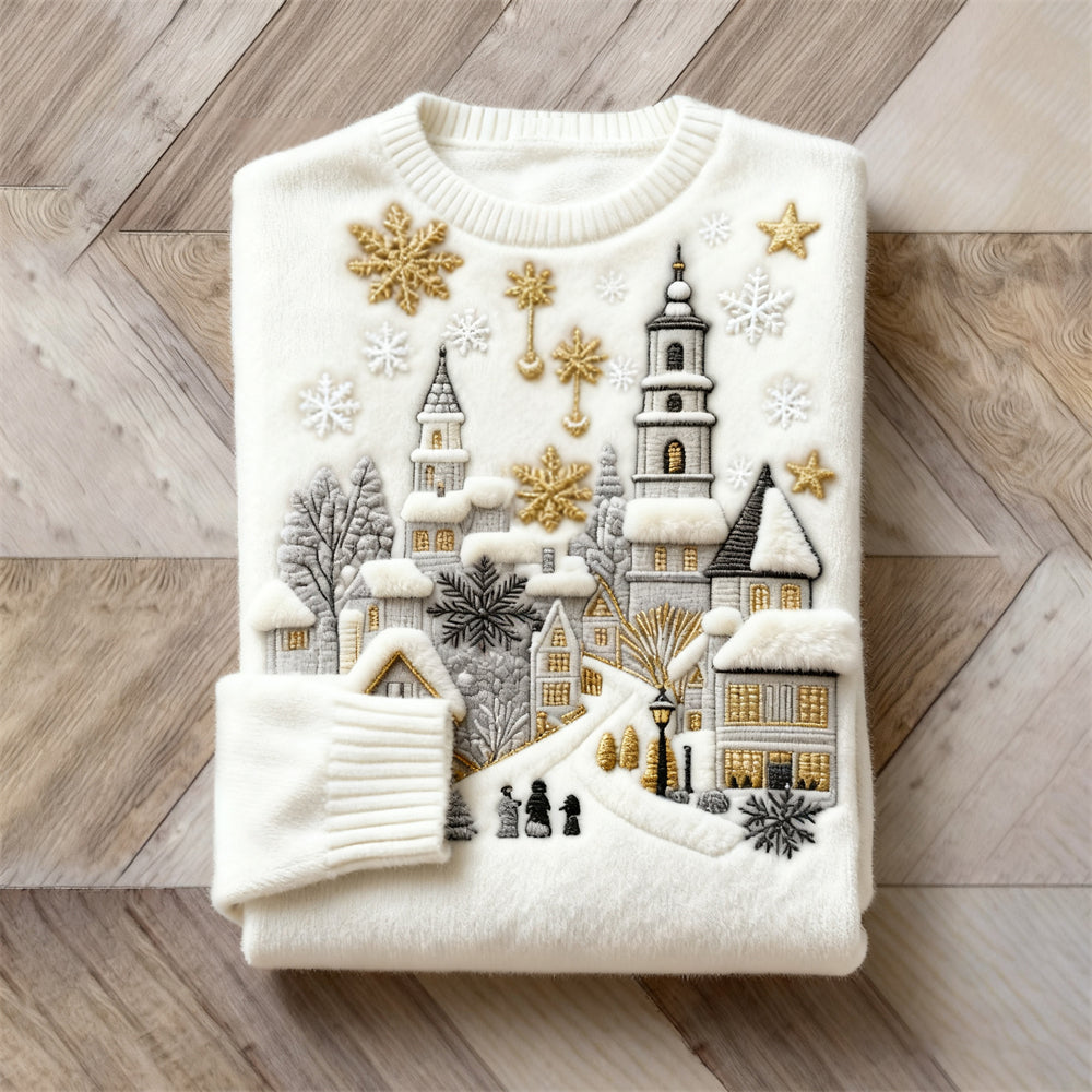 Christmas Snow Scene Embroidered Women's Cozy Plush Sweater