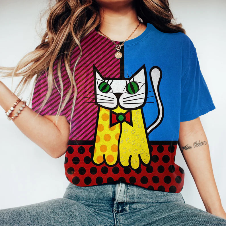 Retro Colorful Pop Art Cat Graphic T-shirt elevenforest