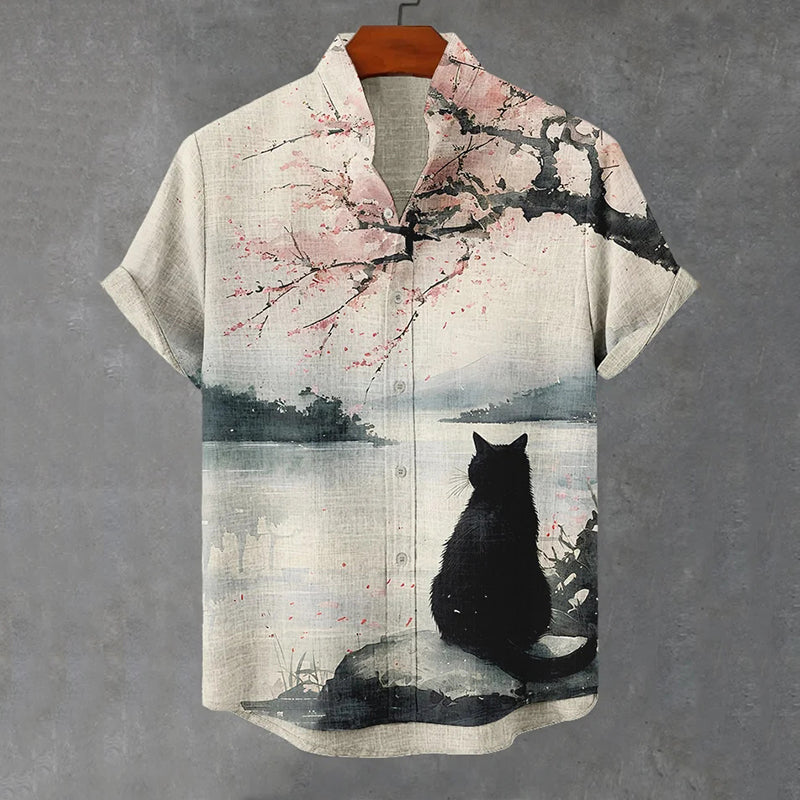 Men's Cherry Blossom Black Cat Japanese Style Print Short Sleeve Shirt elevenforest