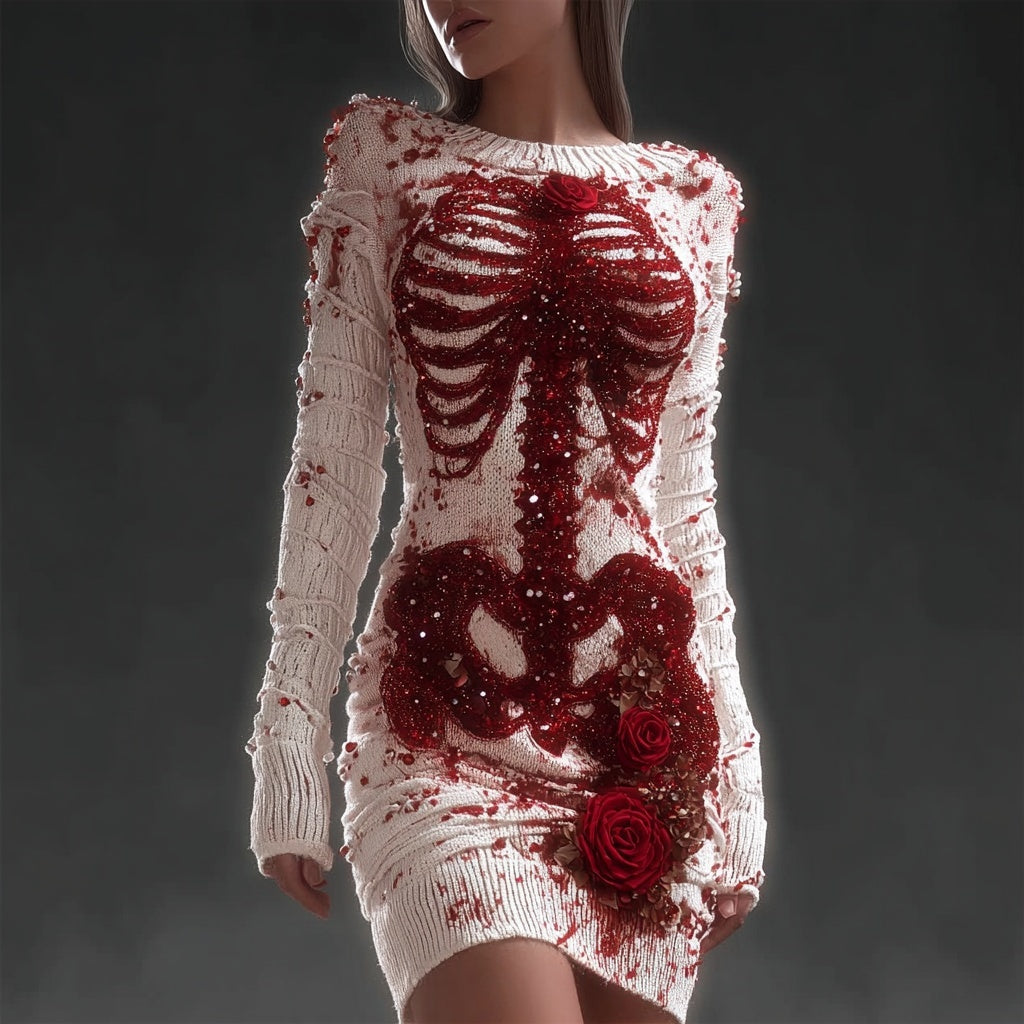 Classy Bloody Skeleton Anatomy Roses Glitter Sweater Dress artswardrobe