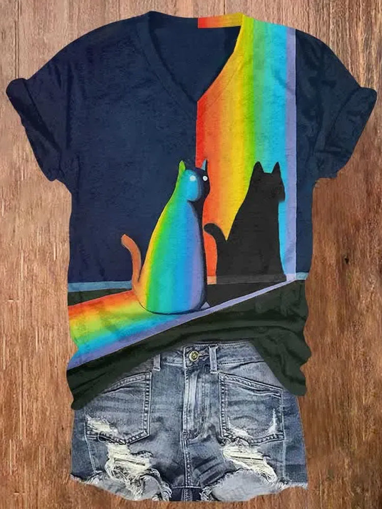 Comstylish Cat In Rainbow Light And Shadow Art Print Casual T-shirt
