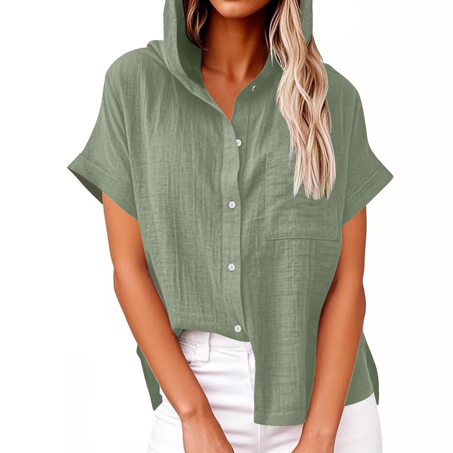 Comstylish Women's Solid Color Linen Vintage Hooded Shirt