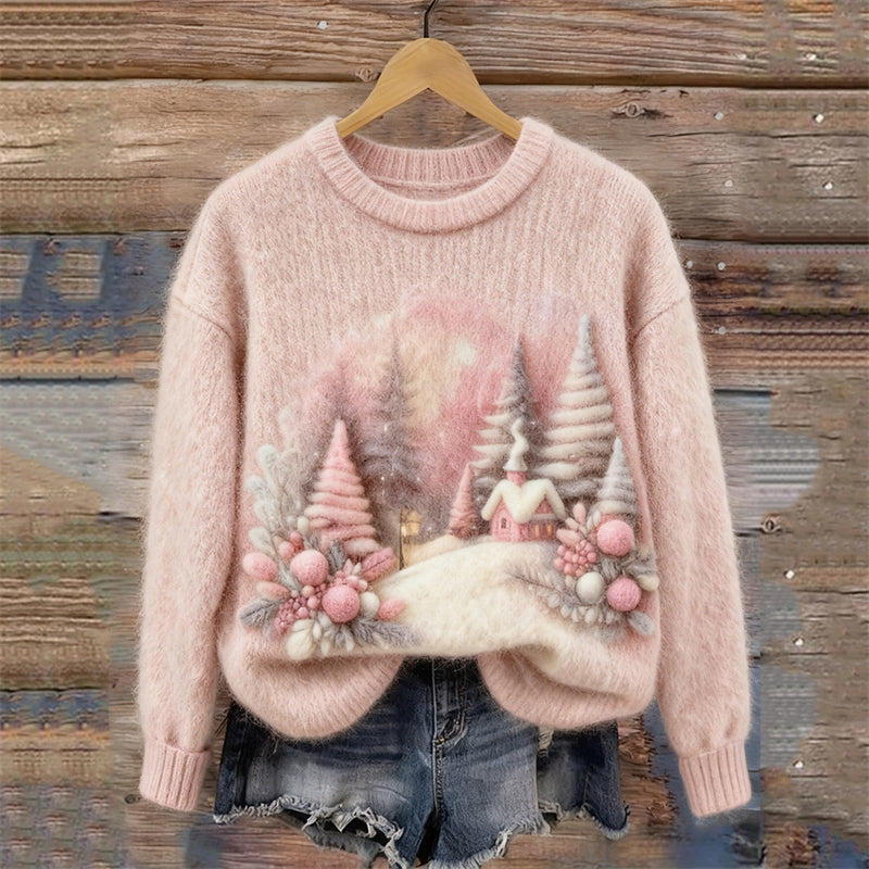 Pink Christmas Snowy Landscape Felt Art Cozy Sweater