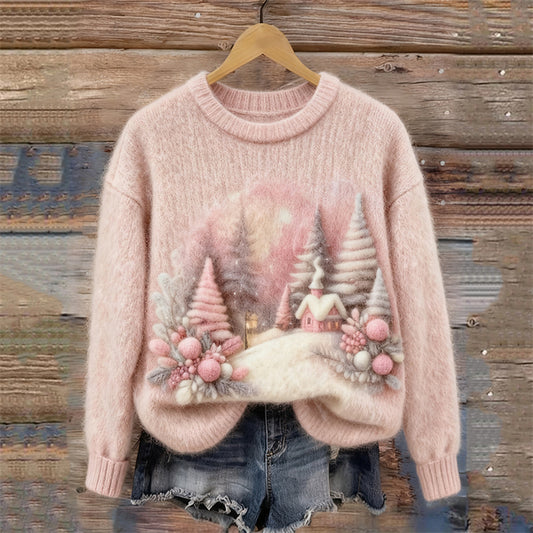 Pink Christmas Snowy Landscape Felt Art Cozy Sweater