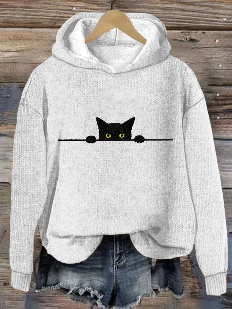 Women's Casual Funny Black Cat Print Hood Sweater elevenforest