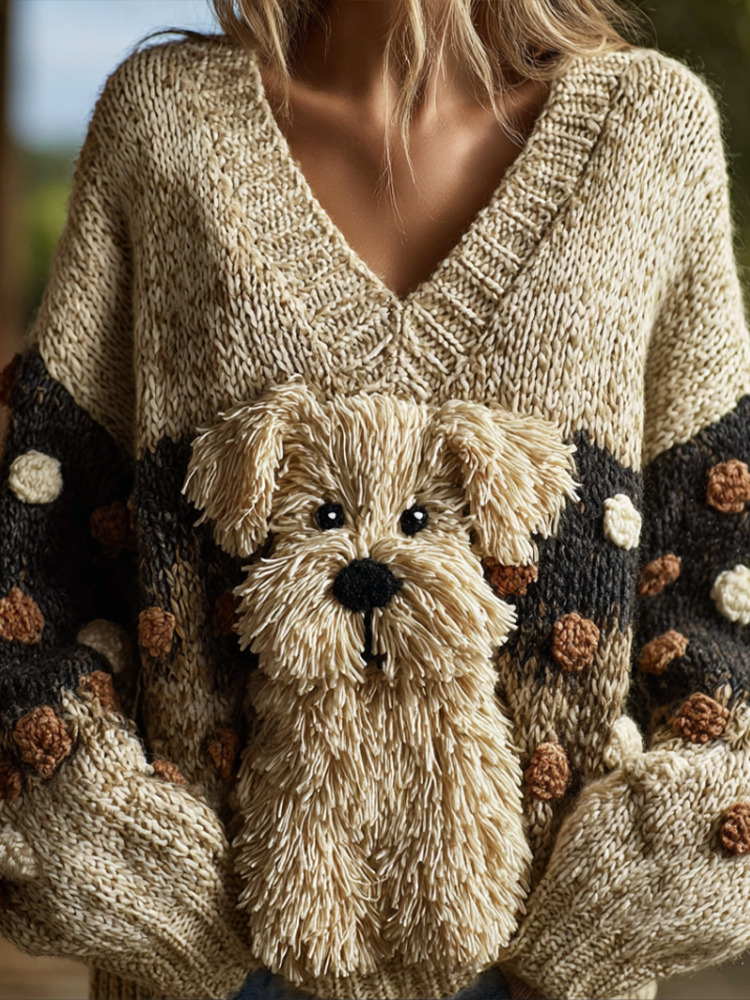 Lady Retro Cute Dog Plush Comfortable Knitted Sweater. artswardrobe