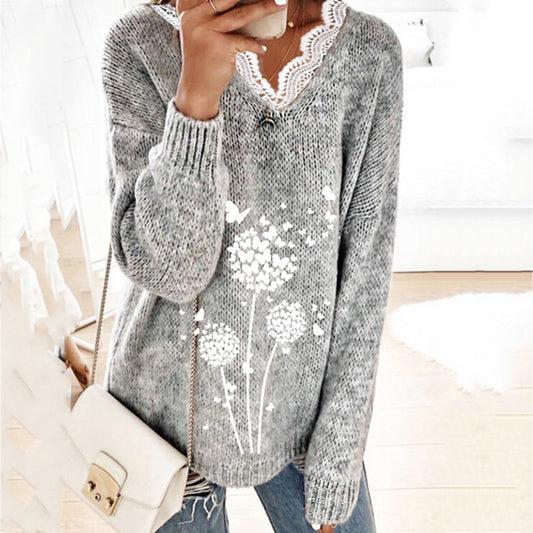 Lace Dandelion Print V-Neck Knitted Sweater elevenforest
