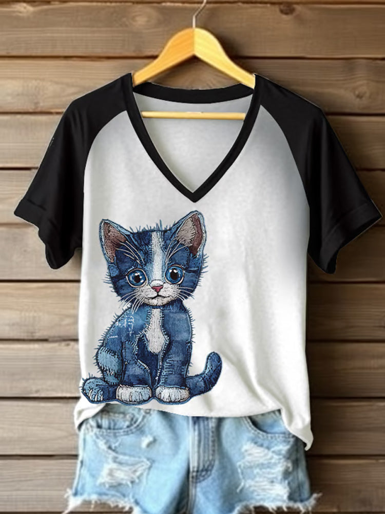 Women's Retro Funny Denim Patch Animal Cat Print Raglan Short Sleeve T-shirt artswardrobe