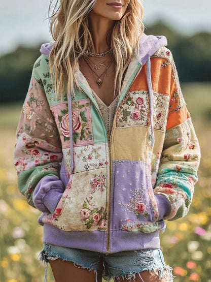 Comstylish Women's Vintage Floral Patchwork Cozy Warm Zipper Hoodie