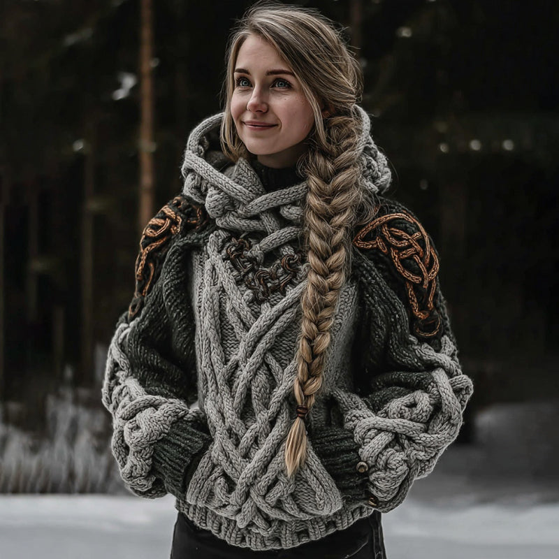 Women's Vintage Celtic Knot Art Knit Color Block Cozy Hooded Sweater elevenforest