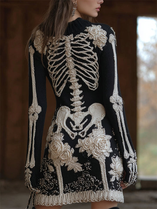 Comstylish Classy Skeleton Floral Glitter Beaded Cozy Knit Sweater Dress