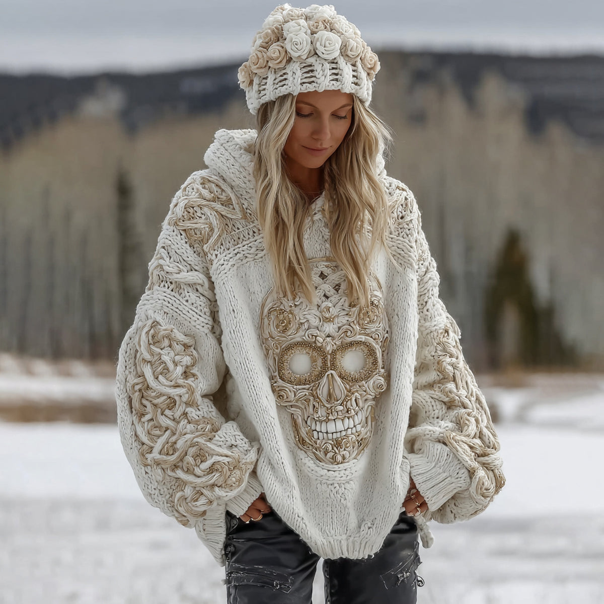 Women's White Rose Skull Comfortable Loose Solid Color Sweater artswardrobe