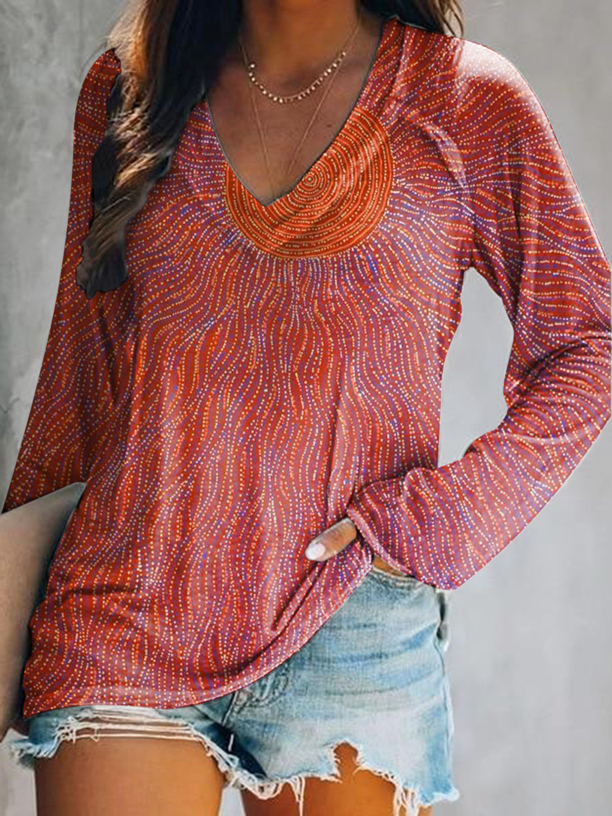 Women's Casual Vintage Floral Art Print V Neck Long Sleeve Tops