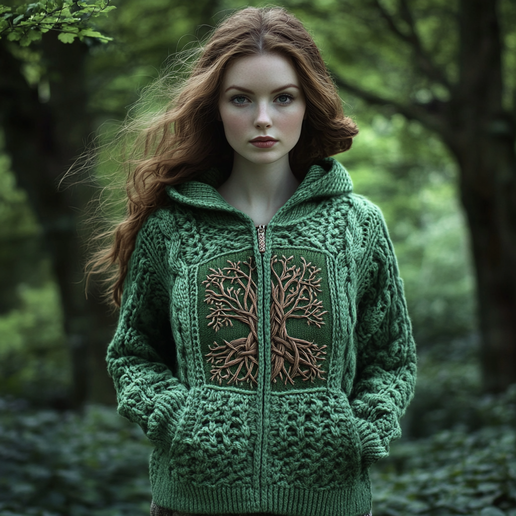 Women's Viking Tribal Tree Of Life Celtic Chunky Knit Hooded Sweater artswardrobe