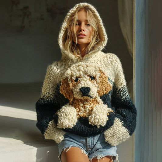 Classic Fuzzy Golden Retriever Dog Felt In Gradient Art Cozy Knit Hooded Sweater artswardrobe