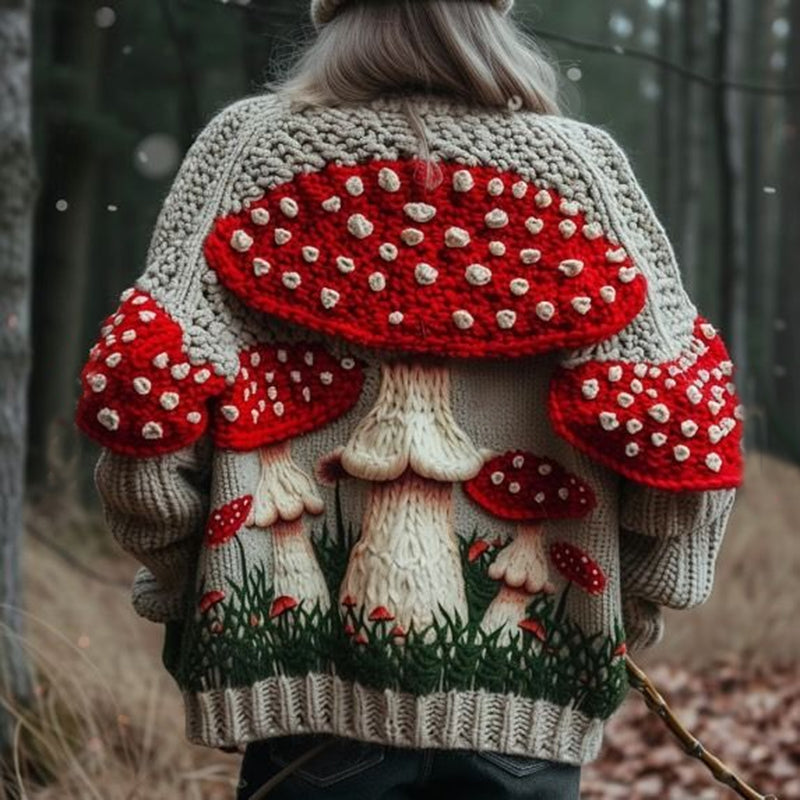 Vintage Mushroom Art Chunky Knitted Button Cardigan artswardrobe