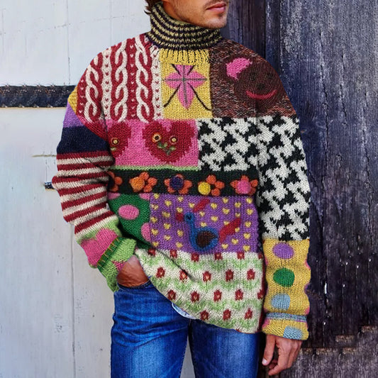 Men's Vintage Warmth Colorful Patchwork Lover Pullover Knitted Turtleneck Sweater elevenforest