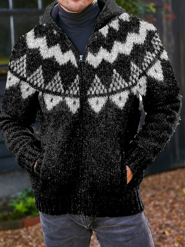 Men's Vintage Icelandic Pattern Cozy Full Zip Hooded Cardigan elevenforest