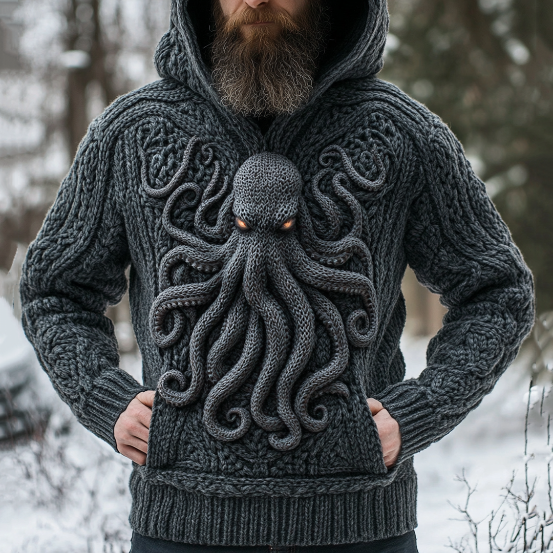 Men's Viking Tribal Cthulu Jacquard Celtic Inspired Chunky Knit Hooded Sweater artswardrobe