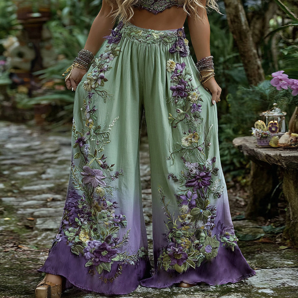 Floral Embroidered Art Print Straight Leg Linen Blend Pants artswardrobe