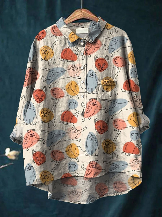 Women's Cat Art Print Casual Cotton And Linen Shirt