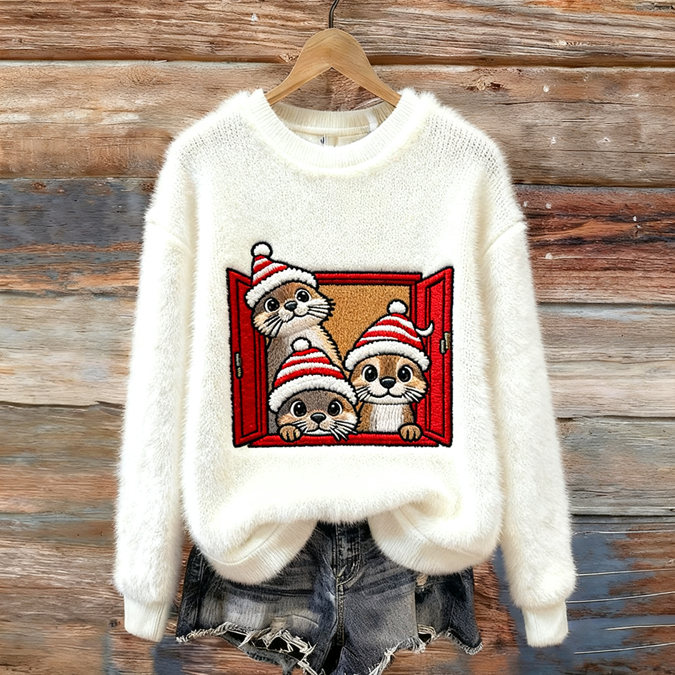 Christmas Fun Animal Pattern Women's Round Neck Flannel Sweatshirt
