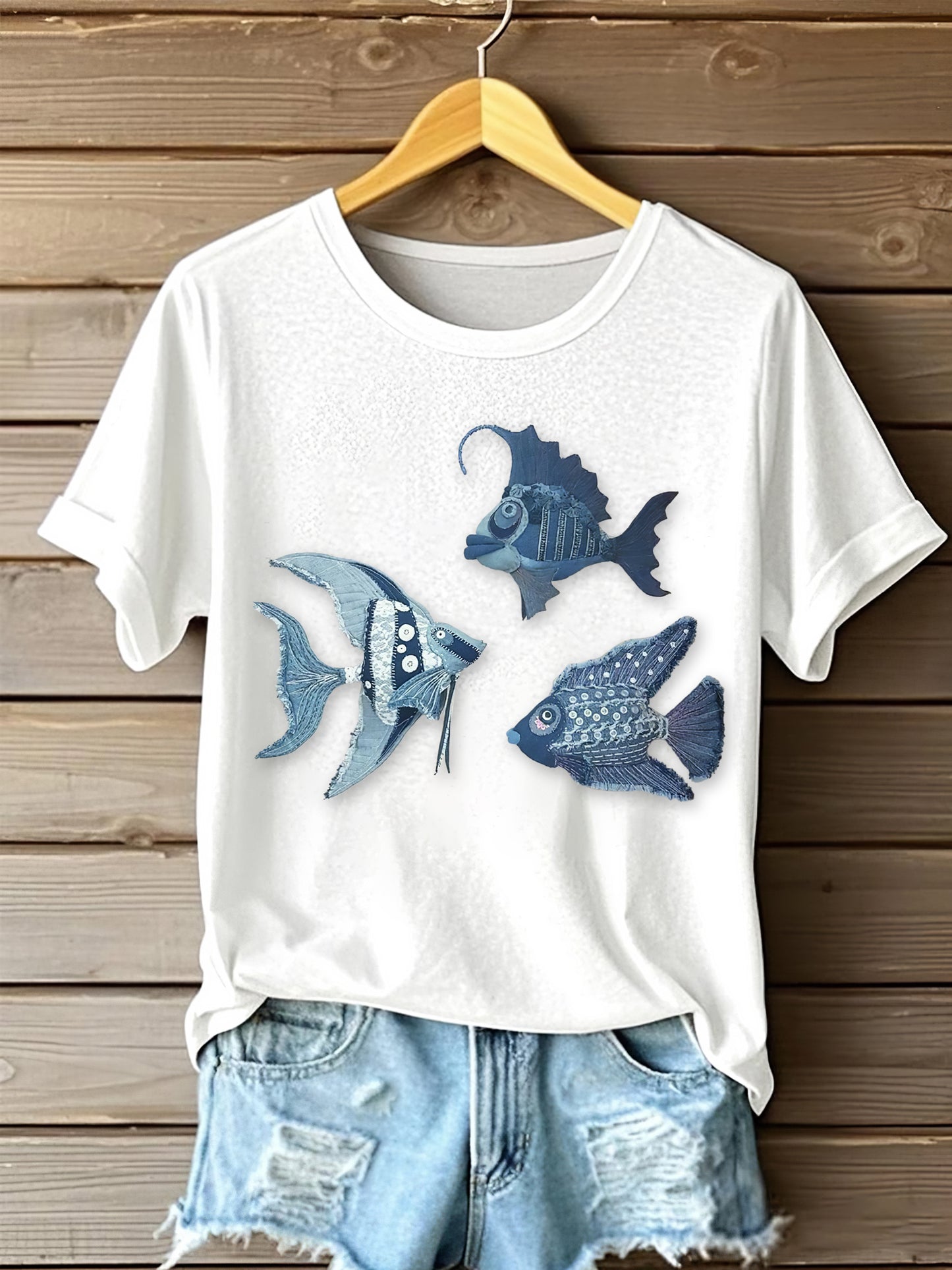 Women's Denim Lovely Fishes Portrait Art Print Short Sleeve Casual T-shirt elevenforest