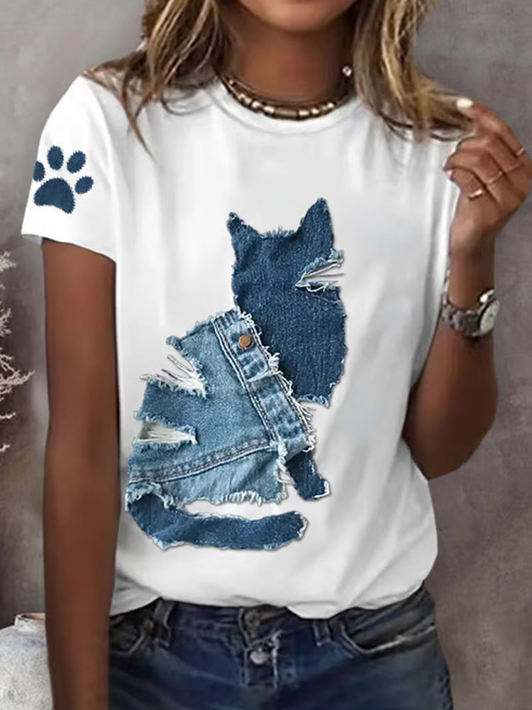 Women's Retro Funny Denim Patch Animal Cat Print T-shirt artswardrobe