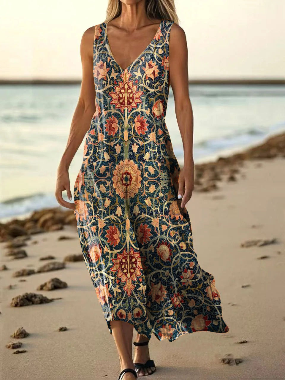 Women's Ethnic Totem Flower Art Print Pocket V Neck Cotton Dress