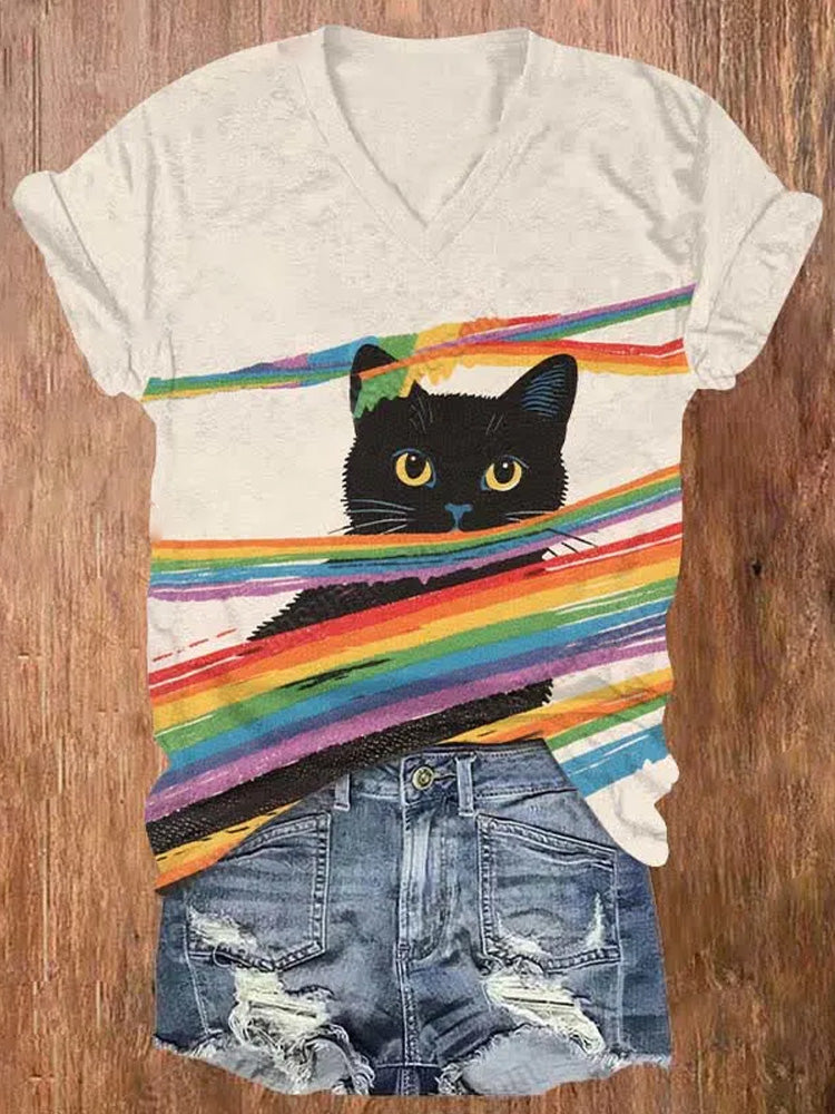Cute Black Cat Peeping From Rainbow Stripe Art Print V-neck T-shirt elevenforest