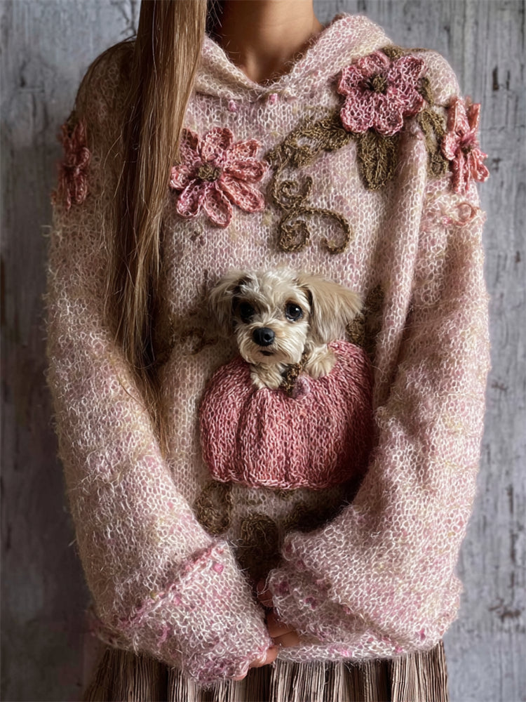 Comstylish Lovely Fuzzy Dog & Pink Pumpkin Floral Cozy Hooded Sweater