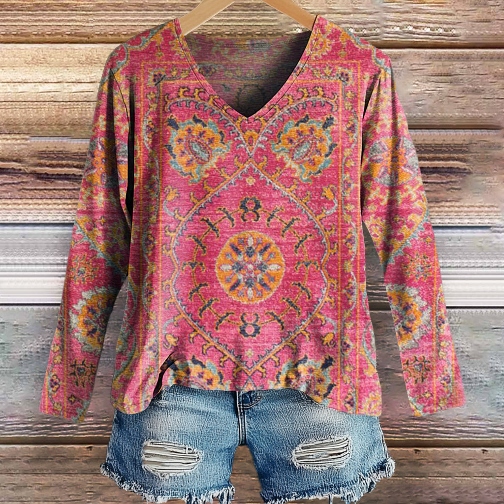 Women's Vintage Ethnic Floral Art Print Casual V-neck Long Sleeve T-sh