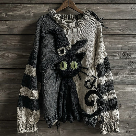 Halloween Black Cat Striped Knitted Warm Crew Neck Sweater elevenforest