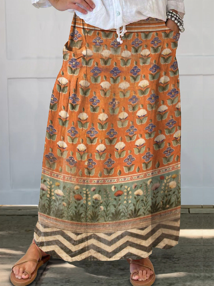 Women's Vintage Floral Collage Art Pattern Print Linen Pocket Skirt