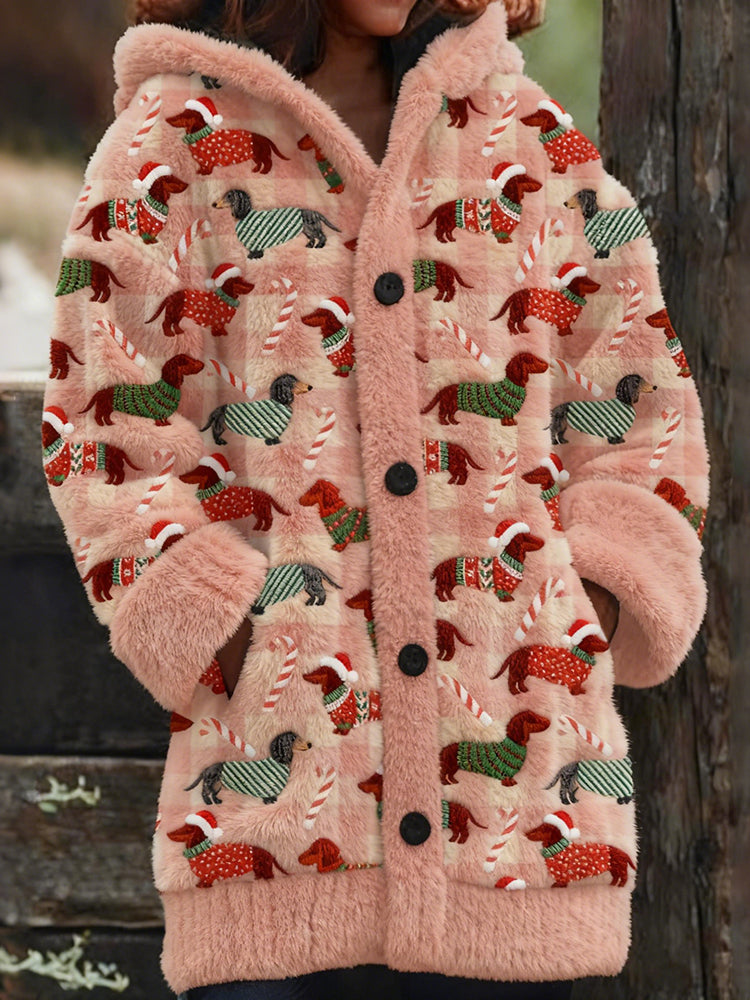 Comstylish Christmas Dachshund & Candy Cane Art Plush Hooded Cardigan