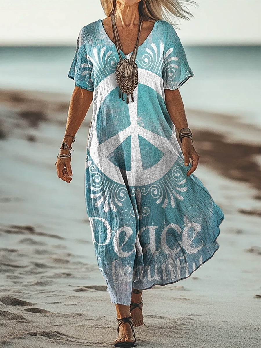 Women's Vintage Hippie Peace Is Beautiful Print V Neck Pocket Cotton D