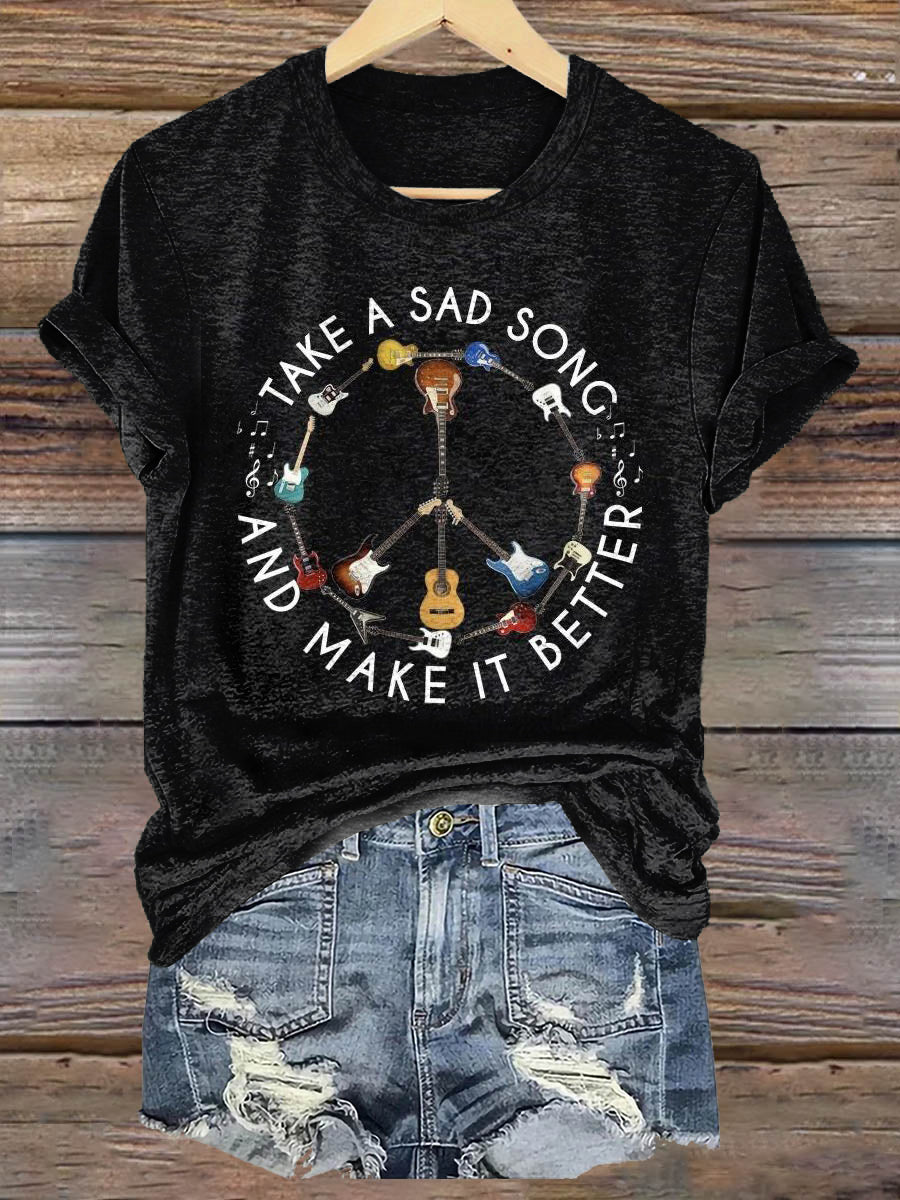 Hippie Guitar Art Print Casaul Short Sleeve T-shirt