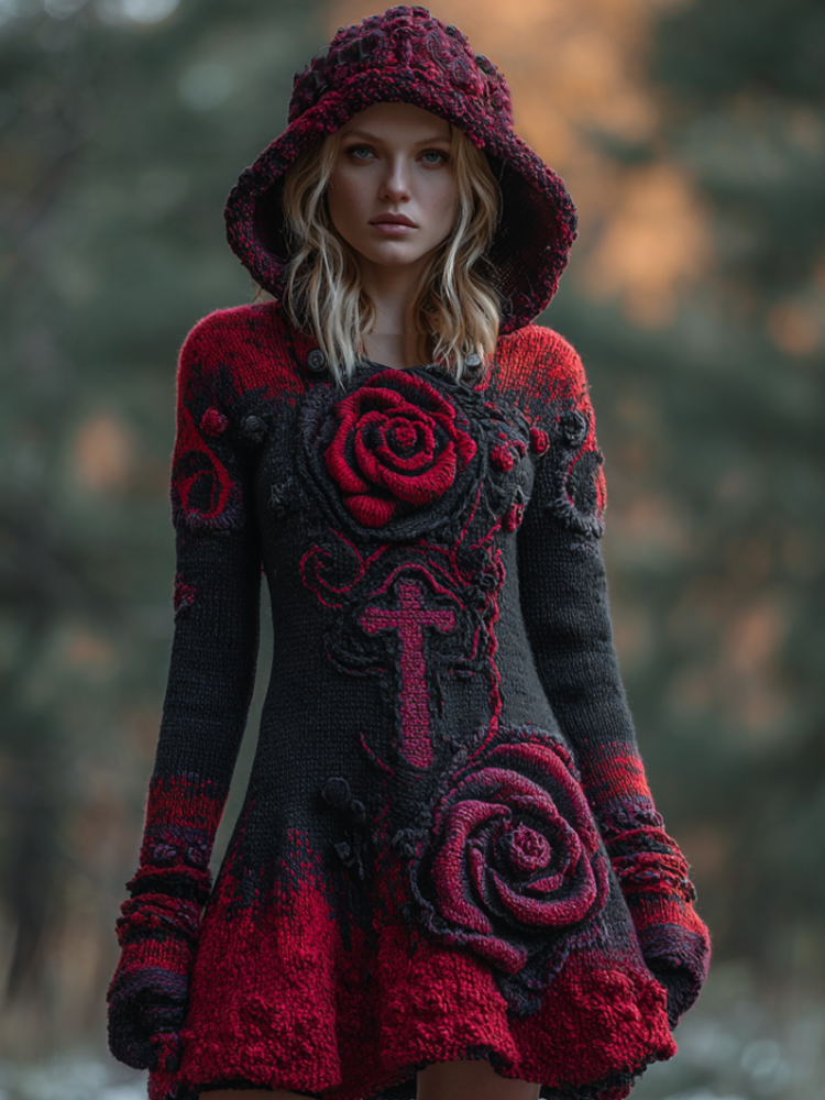 Halloween Viking Style Lady Hooded Knit Sweater Dress elevenforest