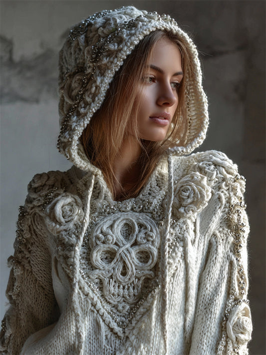 Vintage White Roses Celtic Skull Hooded Cozy Knit Sweater elevenforest