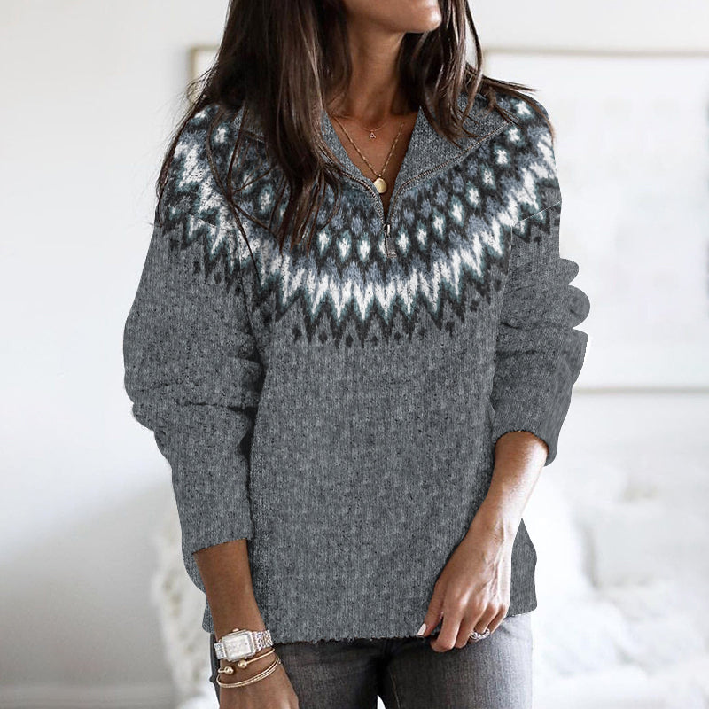 Retro Wave Contrast Pattern Zip-Up Sweater elevenforest