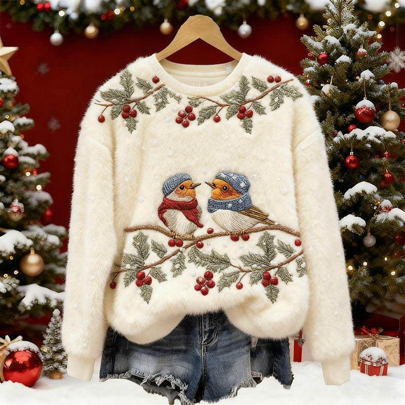 Women's Christmas Flower And Bird Embroidery Art Plush Sweatshirt