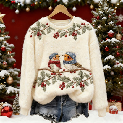 Comstylish Women's Christmas Flower And Bird Embroidery Art Plush Sweatshirt