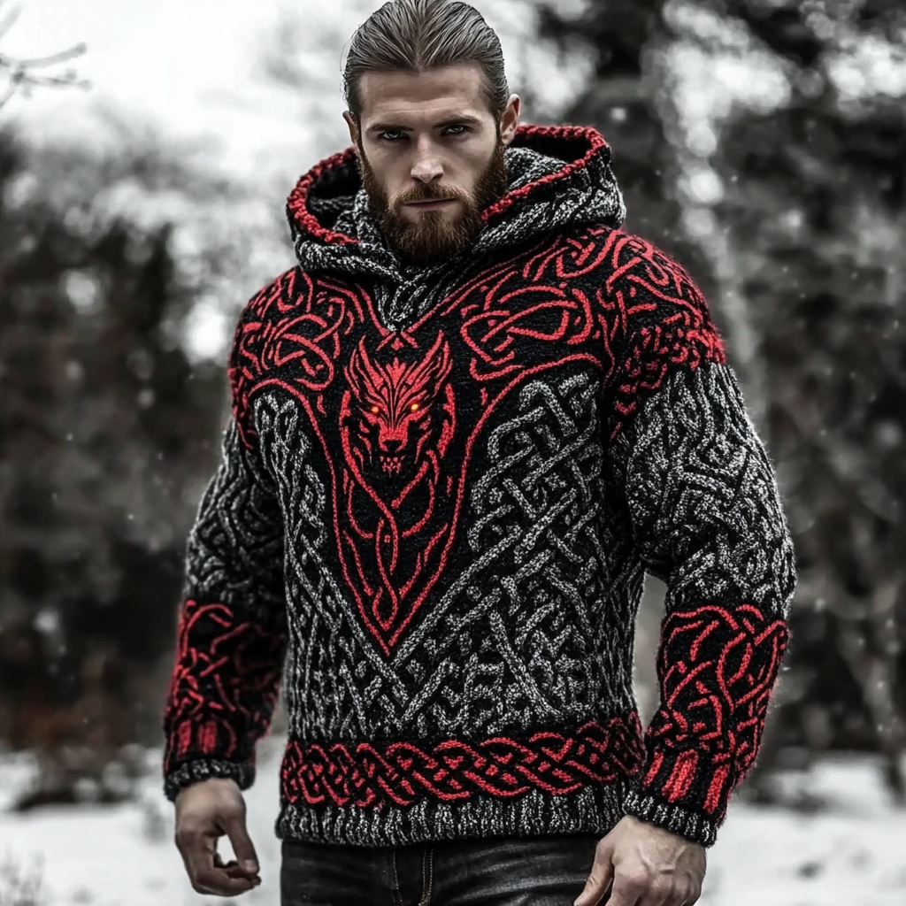 Vintage Viking Wolf Chunky Knit Jacquard Men's Hooded Sweater artswardrobe