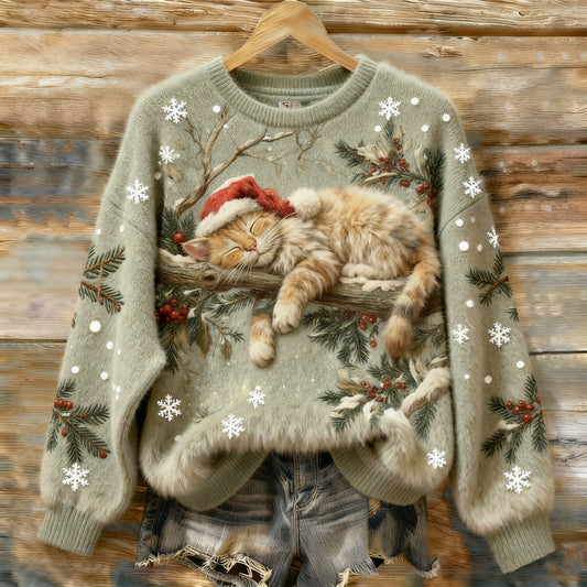 Vintage Christmas Lazy Cat Art Women's Cozy Plush Sweater
