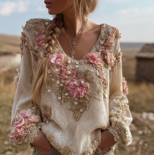 Bohemian Style Round Neck Long Sleeve 3d Floral Design Women's Sweater elevenforest