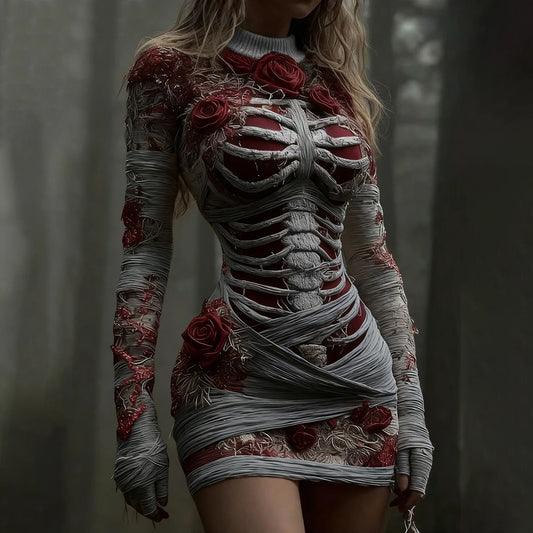 Women's Vintage Red Rose Skeleton Art Knit Mini Sweater Dress artswardrobe